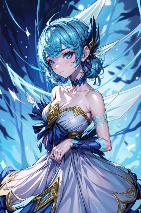 gorgeous anime fairy, in a dark forest, gwen from league of legends, gorgeous blue and white sensual gala dress, sensual pose