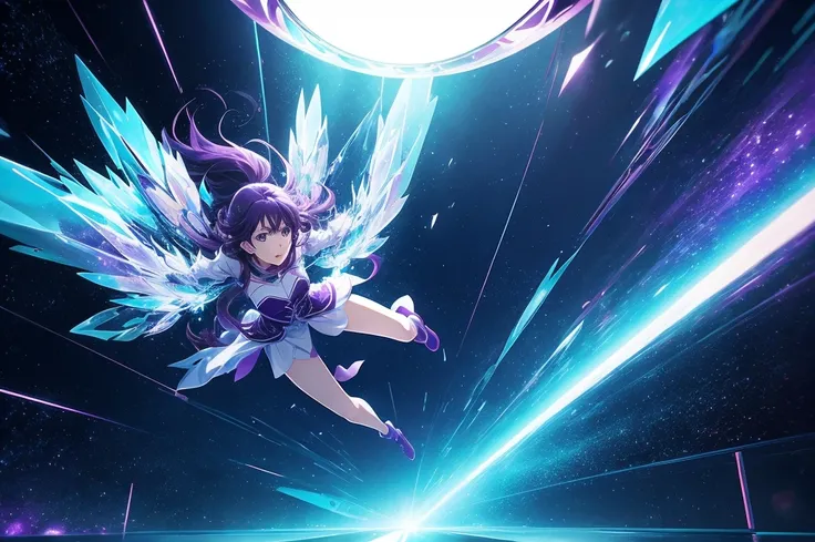 Heroine flying and passing through a glass wall in universe. 2d animation style, ultra realistic anime scene.