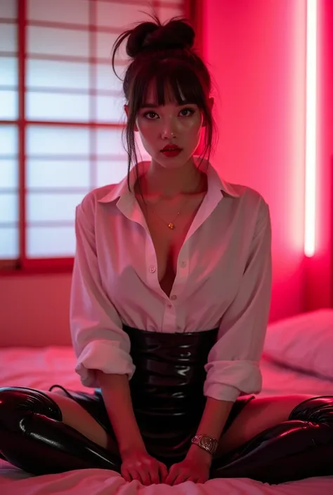 ((Chinese Idol))　35 talents　((Plump, bright red lips with lipstick))　round face　Heavy makeup　Big Breasts　Plump　Brown-haired chignon　((Looking into the camera))　Sit with your legs apart　((White button-up shirt with black patent leather tight skirt and black...