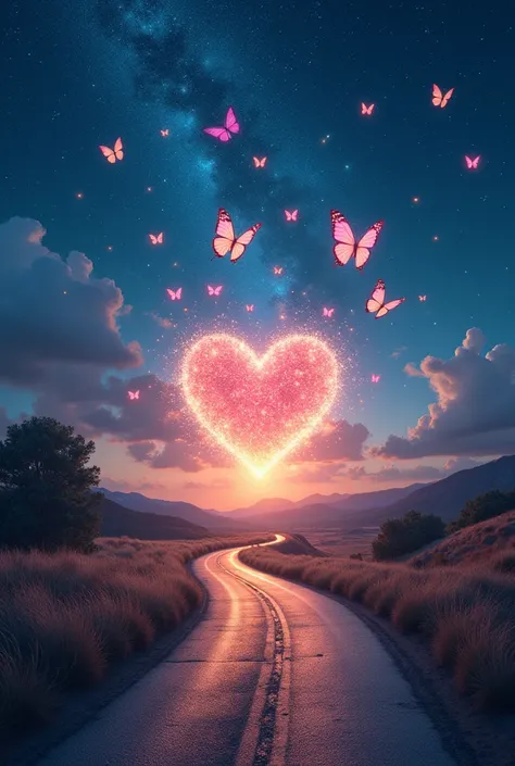 butterflies, corazon, road and starry sky