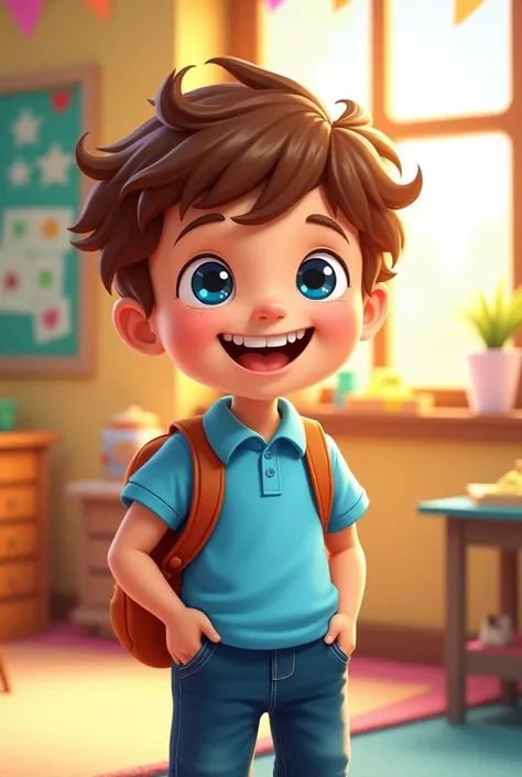 5 year old male student in cartoon with light blue polo shirt and dark blue pants 
