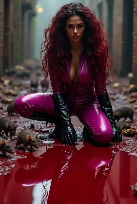 a beautiful woman (((con an extensive head of hair (((the day))) long prenzil six feet long)))Adriana Lima wearing (((a fuchsia leather jumpsuit combined with black))) black leather gloves and boots kneeling blood around him many rats around him and a lot ...