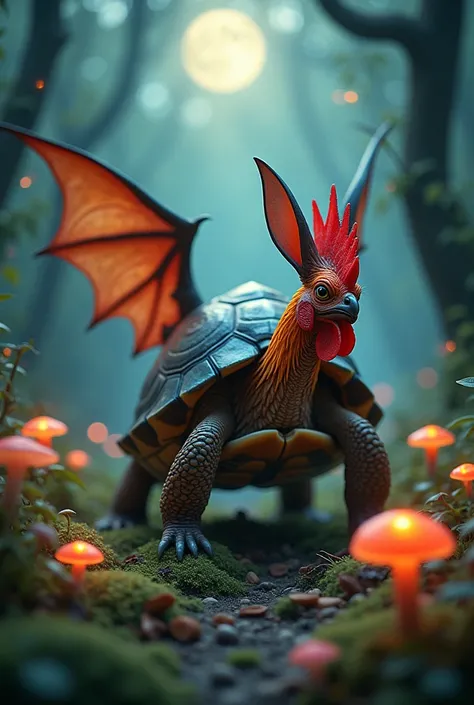 a turtle with a rooster&#39;s head, vampire wings and rabbit ears