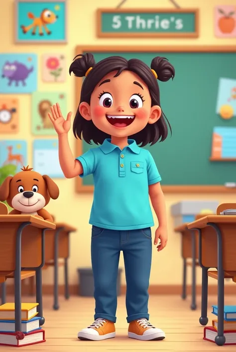 5 year old female student in cartoon with light blue polo shirt and dark blue pants 
