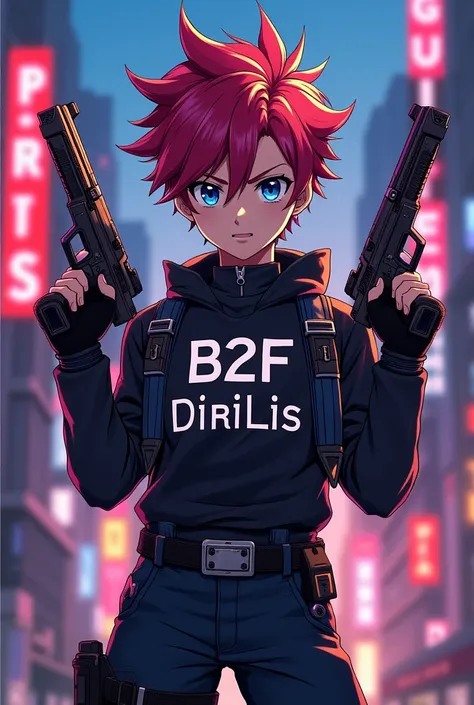 Anime boy with Guns with name on screen B2F DiRiLiS on chest pic for dp
