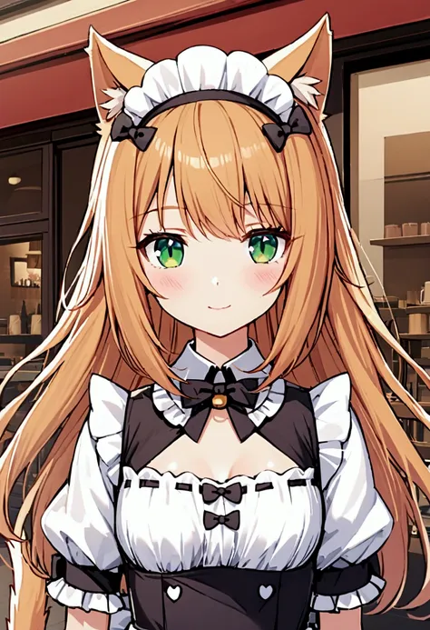 maple, 1 girl with long ginger blonde hair, green eyes, cat ears, cat tail, maid uniform, soft smile, cafe on background