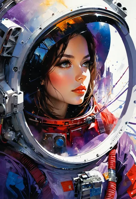 (masterpiece, top quality, best quality, extreme detailed, highest detailed, official art, beautiful and aesthetic:1.2), colorful, cowboy shot, beautiful face, solo, perfect body, 1girl, in space, spacecraft, spacesuit, sun rays, indoors, (wires and cables...