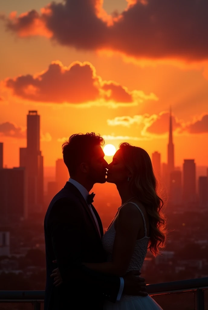 A very beautiful couple kissing at sunset .and with a beautiful landscape of the city with a reddish sunset.