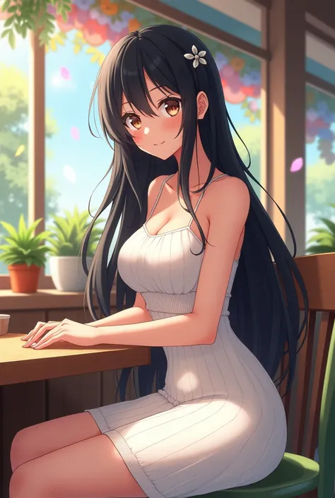 Anime, beautiful girl, big breasts, slim body, wide hips, sleeveless sundress, waistband right under boobs, long black hair, hair ornament, vivid colours, knitted dress, portrait, sitting in cafe, white dress