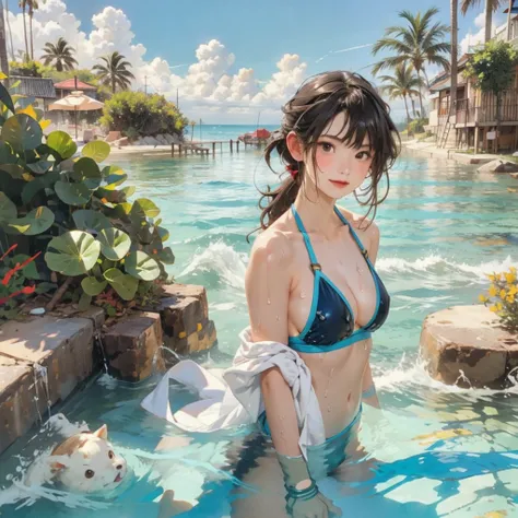 ((highest quality, masterpiece, High resolution)), ((reality)),Photos of beautiful Japanese women,((anime art))、 (((1 girl))), normal size breasts, slim body shape, long ponytail,double eyelid, Wet see-through bikini, A pareo with bold ethnic patterns and ...