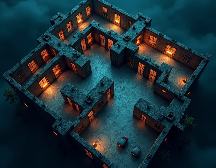 vampire the masquerade, map rpg, ((Map of the floor plan of a U-shaped building Hospita.)), game art, birdseye straight top-down shot from a drone, battlemap, current modern theme, seen from above, role-playing game, empty location, nighttime environment, ...