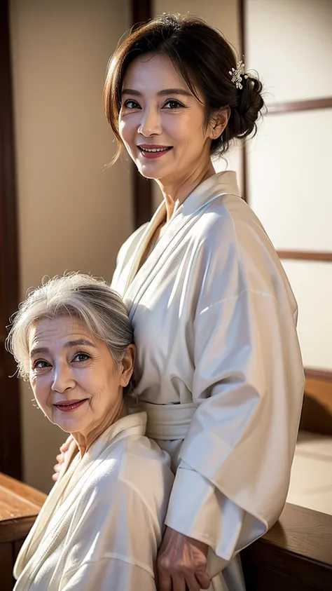 (masterpiece:1.4),(68-year-old woman:1.5),(facial wrinkles 1.2),Captivating smile, (Updo : 1.1), (Wearing a white kimono), Motherhood Mature Woman