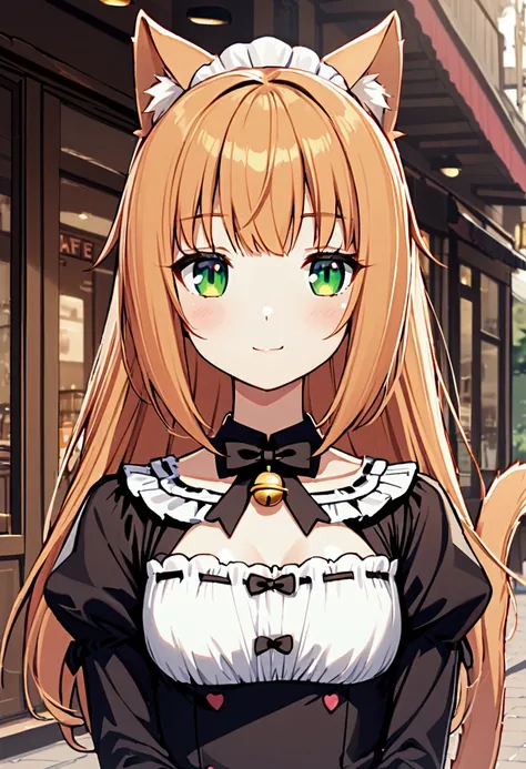 Maple, 1 girl with long ginger blonde hair, green eyes, cat ears, cat tail, maid uniform, soft smile, cafe on background, golden bell on neck