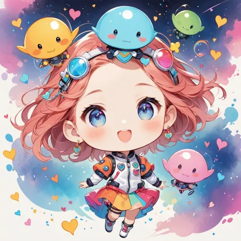 Momoko Sakura colorfull style, Simple Line Initialism，Abstract art，(((The most beautiful girl of all time))), (((chibi))), Sweet face. colorful hearts, funny design, (((happy dance))), Spacesuit, (((Cute Aliens))), The background is space