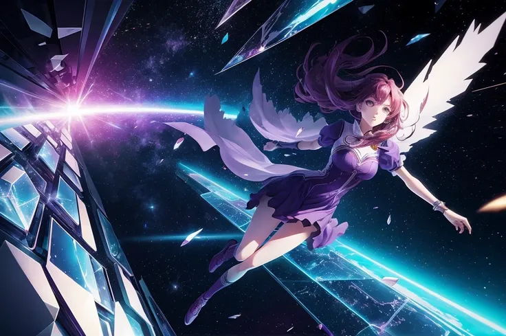 Heroine flying and passing through a glass wall in universe. 2d animation style, ultra realistic anime scene.