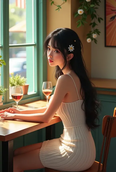 Anime, beautiful girl, big breasts, slim body, wide hips, sleeveless sundress, waistband right under boobs, long black hair, hair ornament, vivid colours, knitted dress, portrait, sitting in cafe, white dress, ultra realistic light,