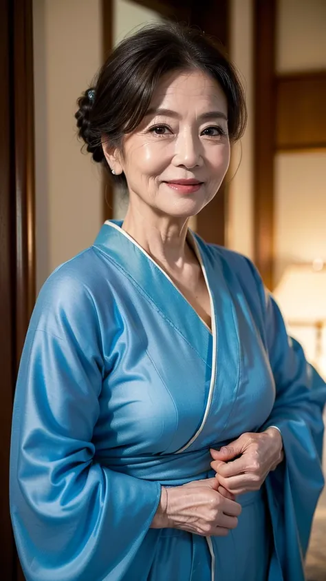 (masterpiece:1.4),(68-year-old woman:1.5),(facial wrinkles 1.2),Captivating smile, (Updo : 1.1), (Wearing a blue kimono), Motherhood Mature Woman