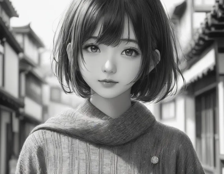 Realistic painting、Best image quality、Cute Japanese Girl、Beautiful Japan、1 person、（Miyu Ozono）18-year-old、Highly detailed faceと肌の質感、sophistication、Highly detailed face、beautiful girl、Short Hair、Black and white photography