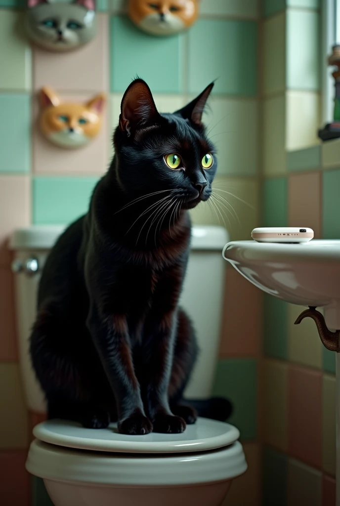 A black cat sitting on the toilet looking at the phone