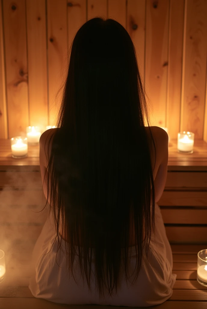 A girl, long straight black hair, big black eyes, naked, in the sauna