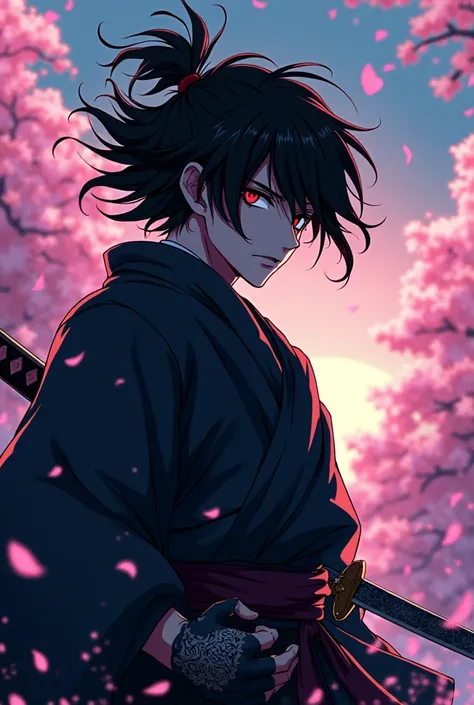 black samurai, messy black hair, red color eyes, anime art style