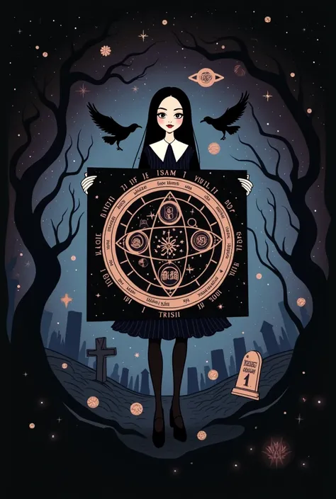 Venus in Virgo will add intensity to this mutable square, which will also make a mutable T-square with Jupiter and Saturn; Wednesday Addams, illustration