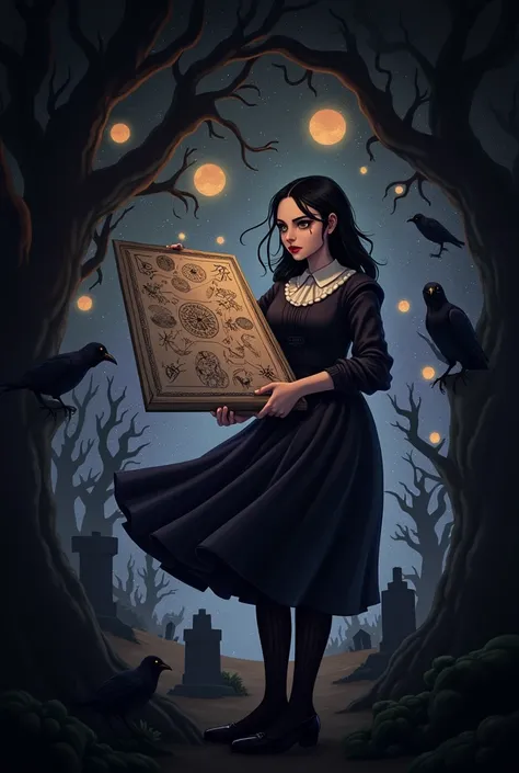 Venus in Virgo will add intensity to this mutable square, which will also make a mutable T-square with Jupiter and Saturn; Wednesday Addams, illustration