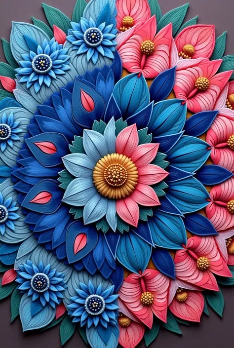 Mandala type, I want a sketch of blue pink flowers or some nice proposal to embroider with wool and by hand and half of it colored and the other half to follow the coloring only drawn on a square fabric, that the base is a nice color but by no means black ...