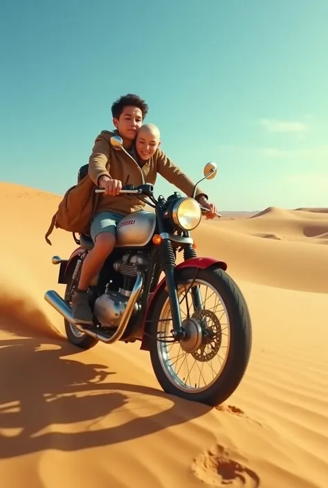 A boy riding a royal enfield bicycle at desert with his girlfriend.She is a cancer patient and she has bald head.she on sit on boy’s lap and sleeping him shoulder.