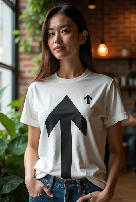 A shirt with a symbol of an arrow pointing up and on the side an arrow pointing down, but in a discreet corner