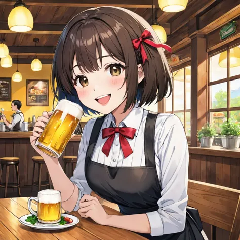 Highest quality, Very detailed, figure,
NMC, One person, Beer , smile, cup, Black Hair, Holding cup, Mug, alcohol, food, Holding, short hair, Open your mouth, ribbon, Beer  Mug, Brown Hair, apron, waitress, neck ribbon, shirt, Laughter, Happy, 明るいsmile, 
N...