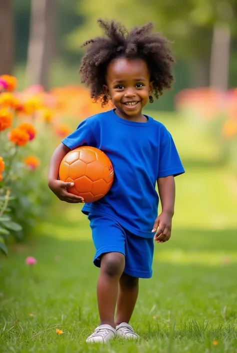 3yrs old African girl kid carrying football wearing a  royal blue shot and top
