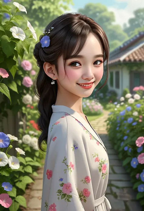 Photorealistic、Little（smile、hairpin、A hairstyle that reveals a large forehead、A hairstyle parted in the middle、No sleeve）、Taking a walk through a garden where morning glories are blooming.、Morning Dew
