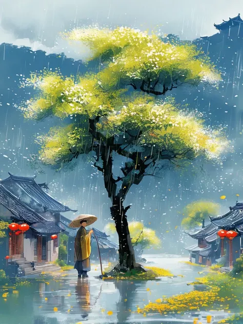 1cgrssh1, Cai GuoRUNs illustration style, Rainy Qingming season, Under a willow tree, A shepherd boy, amidst the rain, points into the distance, indicating the direction to Apricot Blossom Village, spring is full of freshness, rich details, spring scene, f...