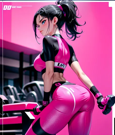 rear view, backside view,Selena Gomez  con un deportivo pink and black y leggings, Two-piece training clothes, neon pink, Live Energetically Varia, intense pink, Cottagecore!! fitness body, intense pink y negro, Cute sportswear, pink body harness, pink bod...