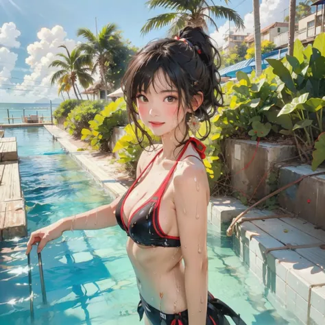 ((highest quality, masterpiece, High resolution)), ((reality)),Photos of beautiful Japanese women,((anime art))、 (((1 girl))), normal size breasts, slim body shape, long ponytail,double eyelid, Wet see-through bikini, A pareo with bold ethnic patterns and ...