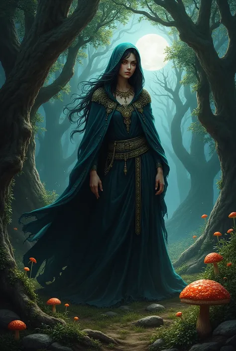 You can draw the goddess Hekate in high definition in a human version, with reddish brown eyes, and in the middle of the dark forest