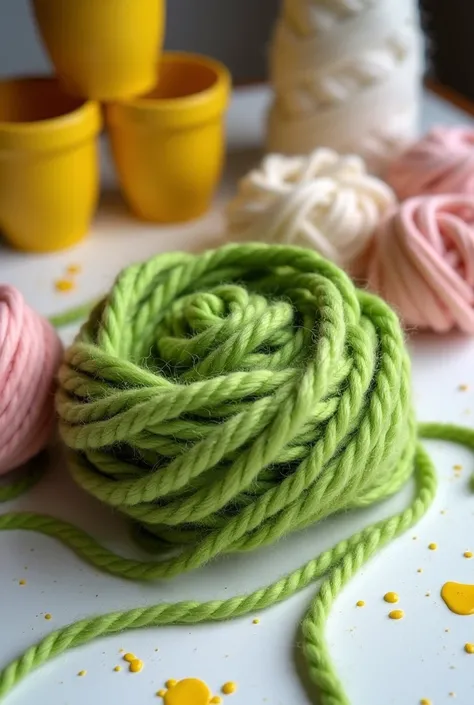 Image of green yarn, rosa, white, homemade painted yellow 