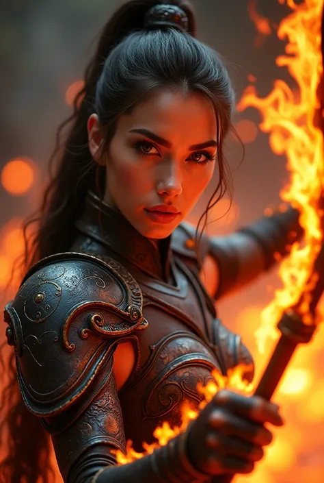 a close up of a person with a bow and a bow, lava and fire goddess, flame conjuring armored, fire mage, fire demon, black fire color reflected armor, appears as the fire goddess, infernal nymph, infernal nymph!!!, fire elemental, painted in the style arcan...