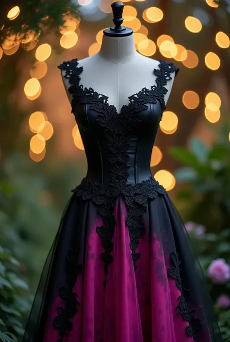 Make me a black corset dress, that has a fuchsia color, like some stains 