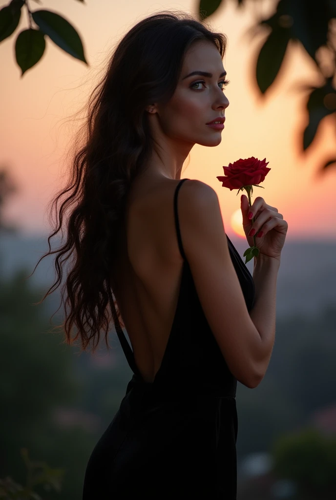 beautiful woman in a black plunging evening dress , long dark hair , green eyes. Holding a rose during dusk