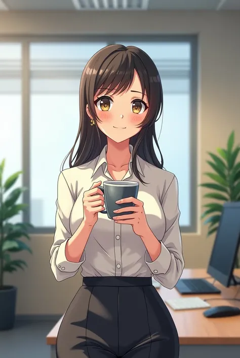 A woman in the office standing holding a coffee mug. Image with many details of the office. Manga style image. Characters with Asian features. Use the same face in the variations