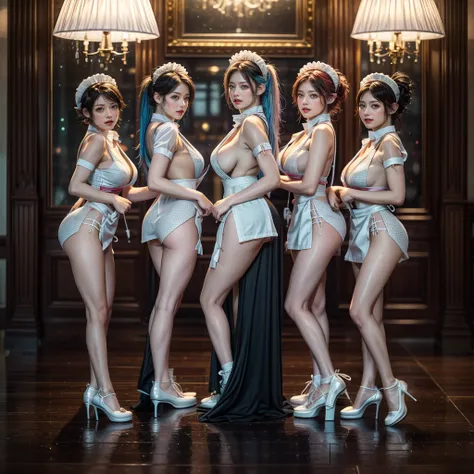 (Full Body of Extremely Detailed((Sexy Maid Group in a row:1.37))), KAWAII perfect face with Reflective Eyes, Detailed(Delicate Clothing textures), Correct Graceful Legs, Dynamic Joyful Expressions LifeLike Rendering, Specular Reflection, TopQuality 8K Ult...