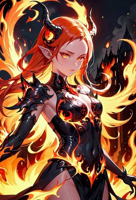 a close up of a person with a bow and a bow, lava and fire goddess, flame conjuring armored, fire mage, fire demon, black fire color reflected armor, appears as the fire goddess, infernal nymph, infernal nymph!!!, fire elemental, painted in the style arcan...