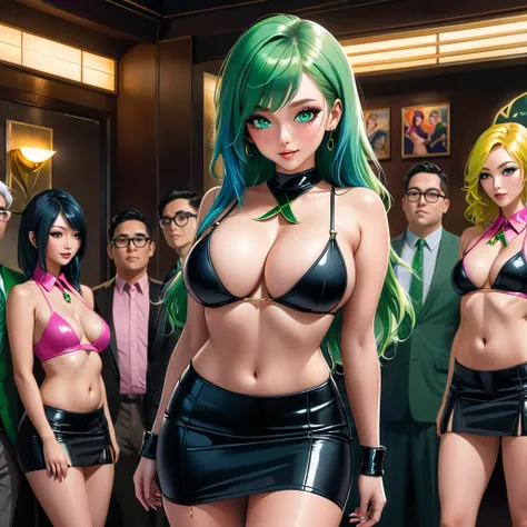 A vivid tableau of unbridled sexual liberation in the dimly-lit, intimate setting of Anal Club No. 2. Vin, a 25-year-old human female with piercing blue eyes and flowing emerald-green hair, stands confidently in the center, wearing a revealing office micro...