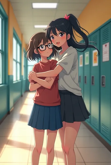 A junior high school girl who is embarrassed by being hugged from behind by a high school girl