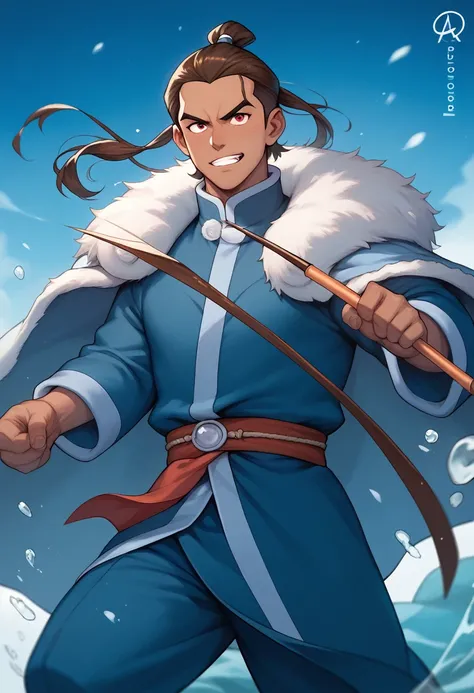 Kanae Yuta, a man from the Water Tribe, has red eyes, long brown hair, his dark skin, he has a toned and strong body, in front of a lush igloo, wearing a standard Water Tribe winter coat, showcasing his mastery of Waterbending, in a fighting stance.