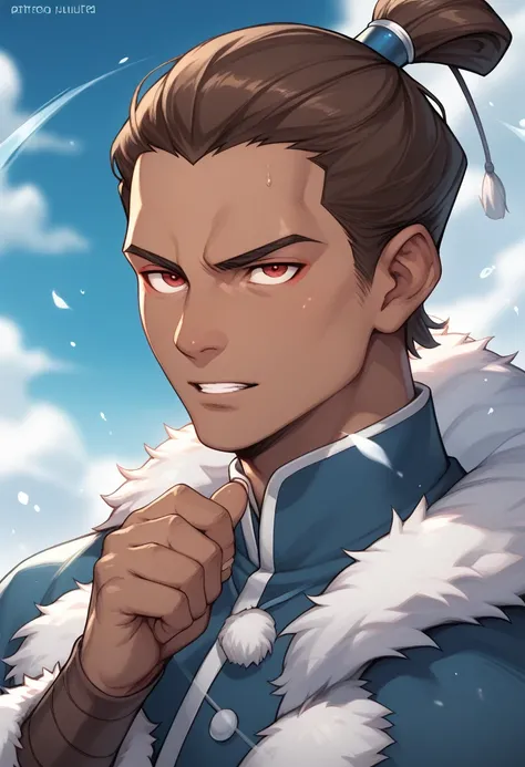 Kanae Yuta, a man from the Water Tribe, has red eyes, long brown hair, his dark skin, he has a toned and strong body, in front of a lush igloo, wearing a standard Water Tribe winter coat, showcasing his mastery of Waterbending, in a fighting stance.