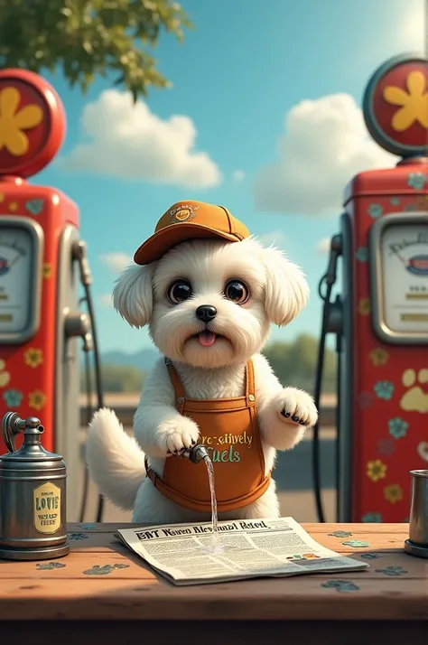 White small dog selling gasoline