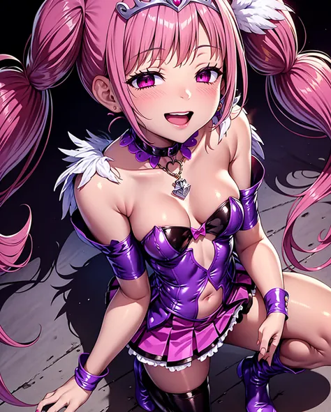 cure happy, low twintails, feather hair ornament, skirt, tiara, wrist cuffs, pink shorts, shorts under skirt, boots, corruption, empty eyes, half-closed eyes, evil smile, no pupils, crazy smile, open mouth, 1girl, milf, married woman, dark magical girl,sol...